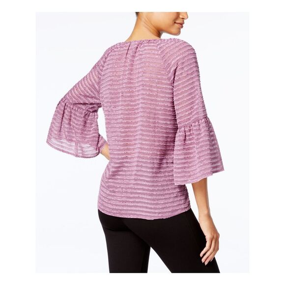 KENSIE Womens Purple Tie Textured V Neck Bell Sleeve Top M - Picture 2 of 4